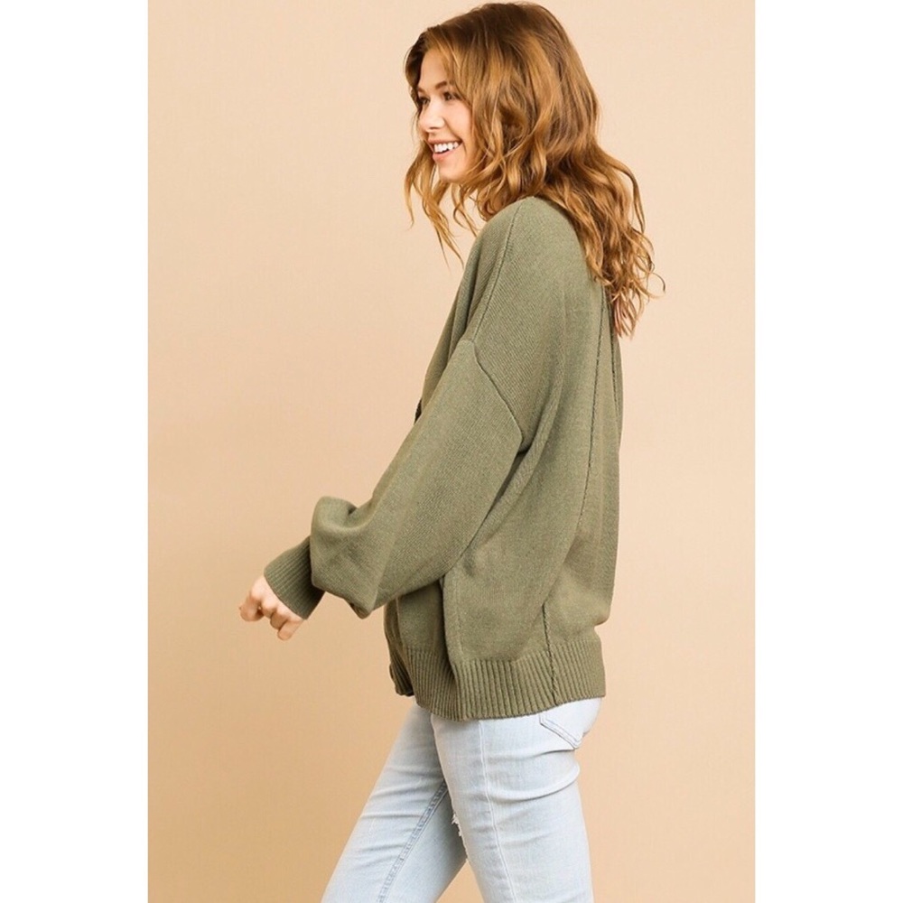 💕 Olive Green Puff Sleeve Cardigan Sweater - Picture 4 of 5